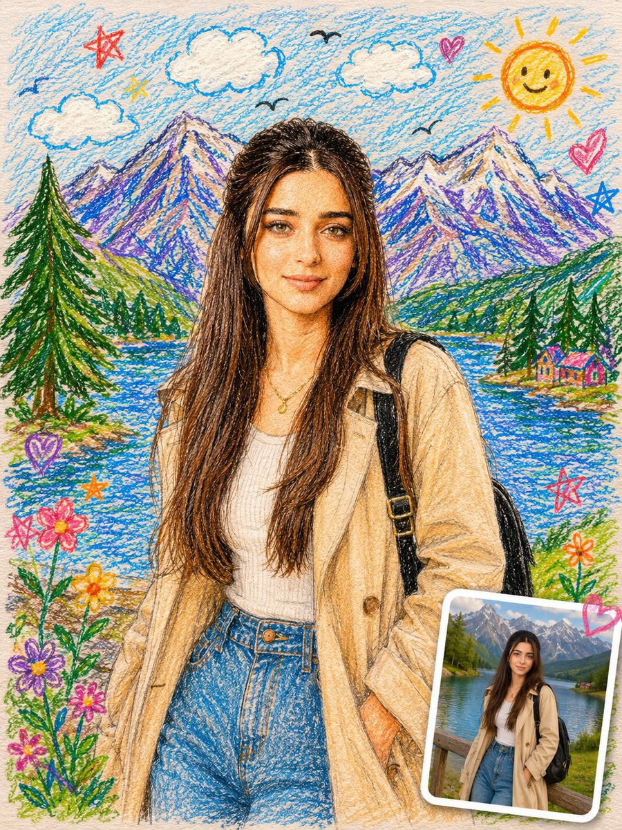A whimsical crayon drawing transforms a family photo into storybook art