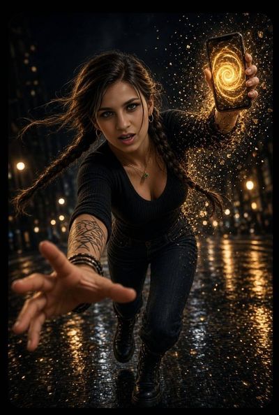 Woman runs through rain-slicked city with glowing phone portal