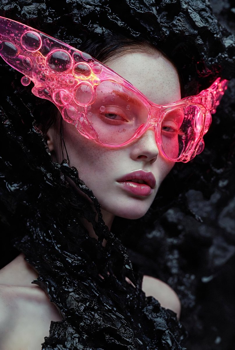 Futuristic Fashion Muse with Neon Pink Molten Glass Sunglasses