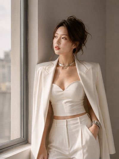 Elegant woman in white corset seated by sunlit window