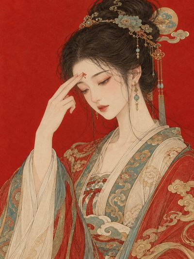 Eastern Figure Touches Forehead in Fine Line Art