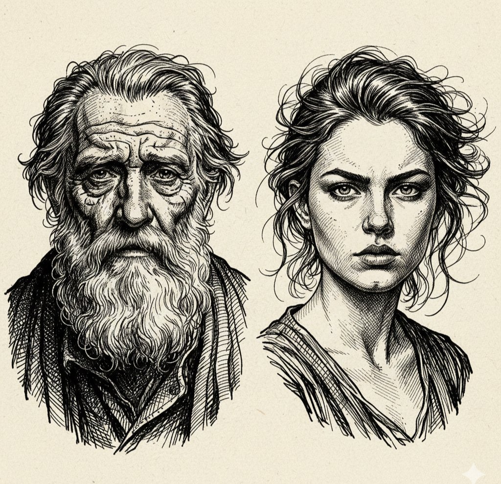 Contrasting Generations in Ink: A Detailed Portrait Duo