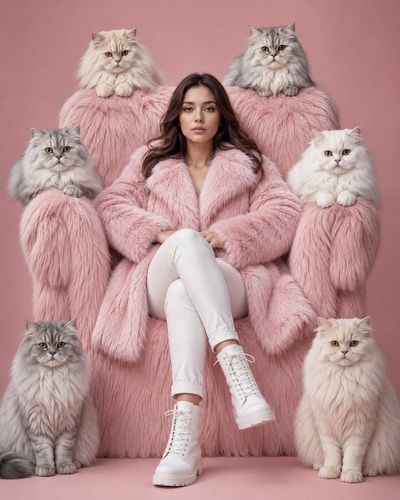A confident woman in pink fur poses regally with six Persian cats