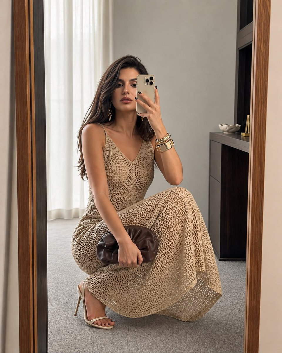 Woman in crochet dress squats for mirror selfie in luxury dressing room