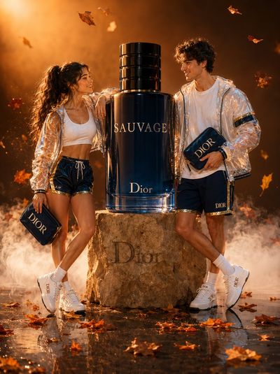 A hyper-stylish couple poses with a levitating Dior Sauvage bottle