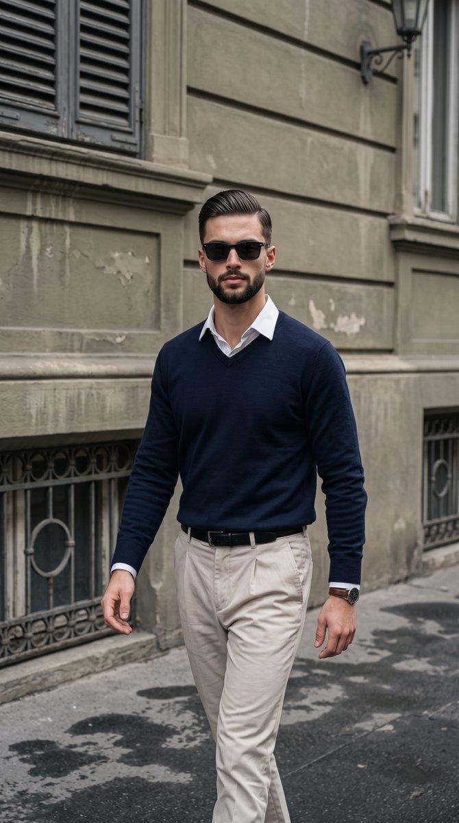 Confident man in navy sweater strides along wet European pavement