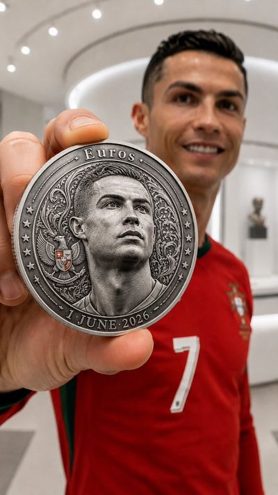 Silver coin with portrait held in hand shines in museum light
