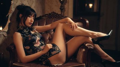 A woman in embroidered cheongsam lounges in a ruined mansion