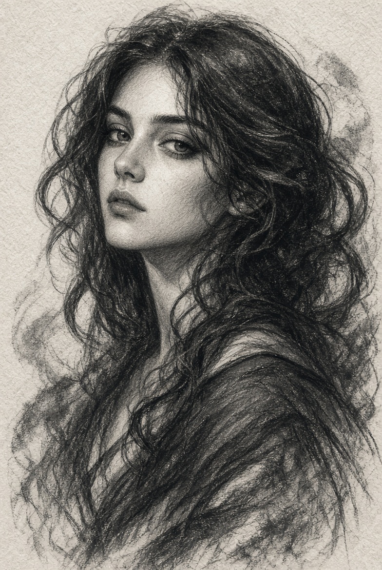 Three Studies Capture a Young Woman in Charcoal and Watercolor