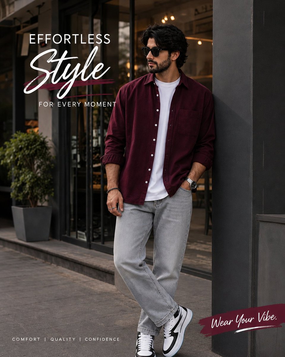 A stylish man leans against a glass storefront in warm daylight.