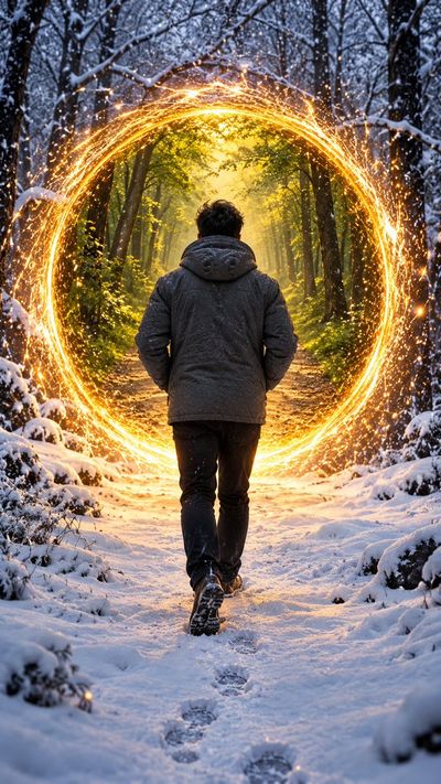 Lone Traveler Walks Through Glowing Portal in Snowy Forest