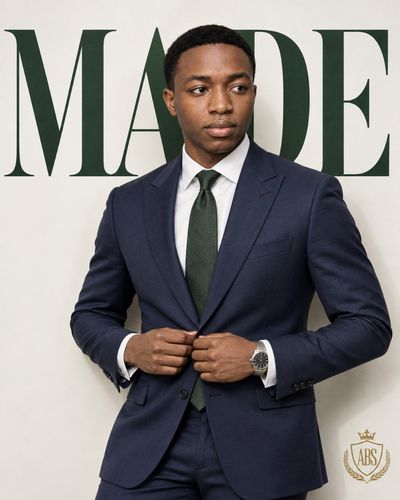Confident man in navy suit stands against off-white studio wall