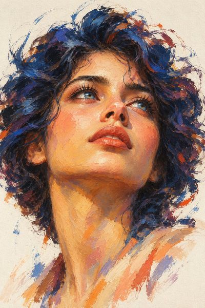 Woman's Face Emerges in Expressive Impasto Brushstrokes of Blue and Coral