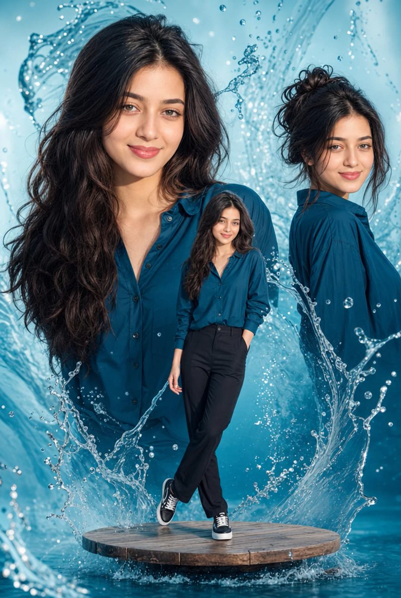 Young woman with dark hair smiles on floating wooden platform