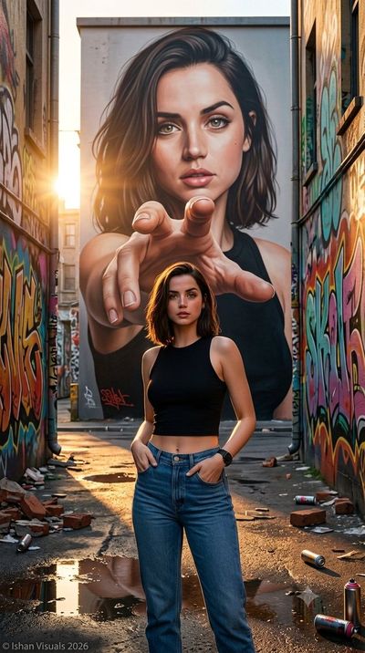 A woman stands beneath a massive 3D painted hand reaching from a mural