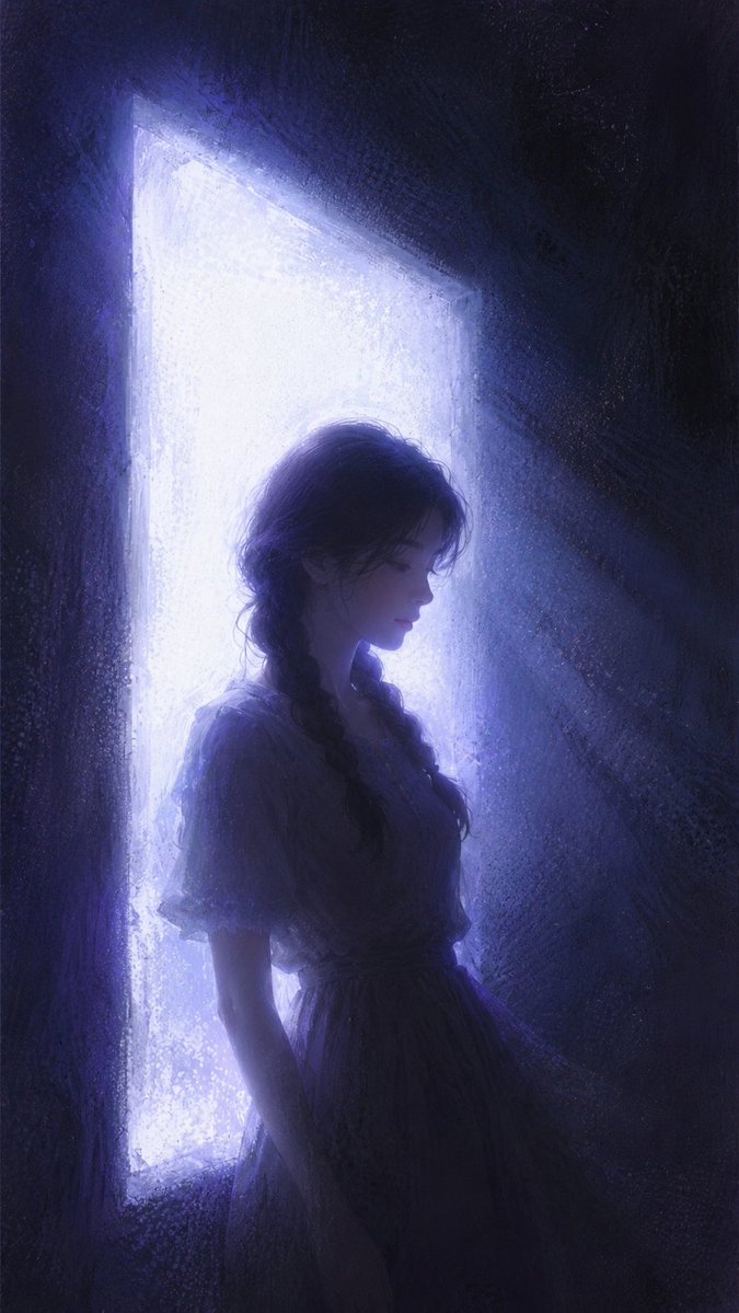 A figure stands in profile beside a glowing white-blue doorway.