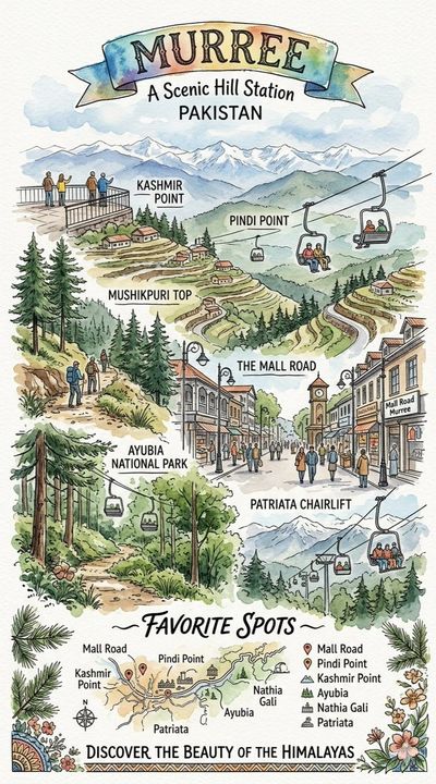 A watercolor travel poster captures Murree's scenic beauty and landmarks