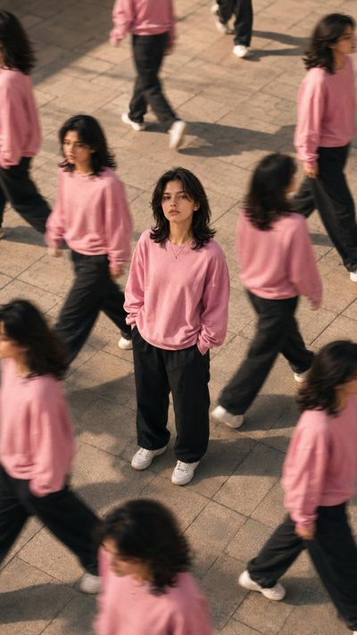 A lone woman stands still while her clones walk around her
