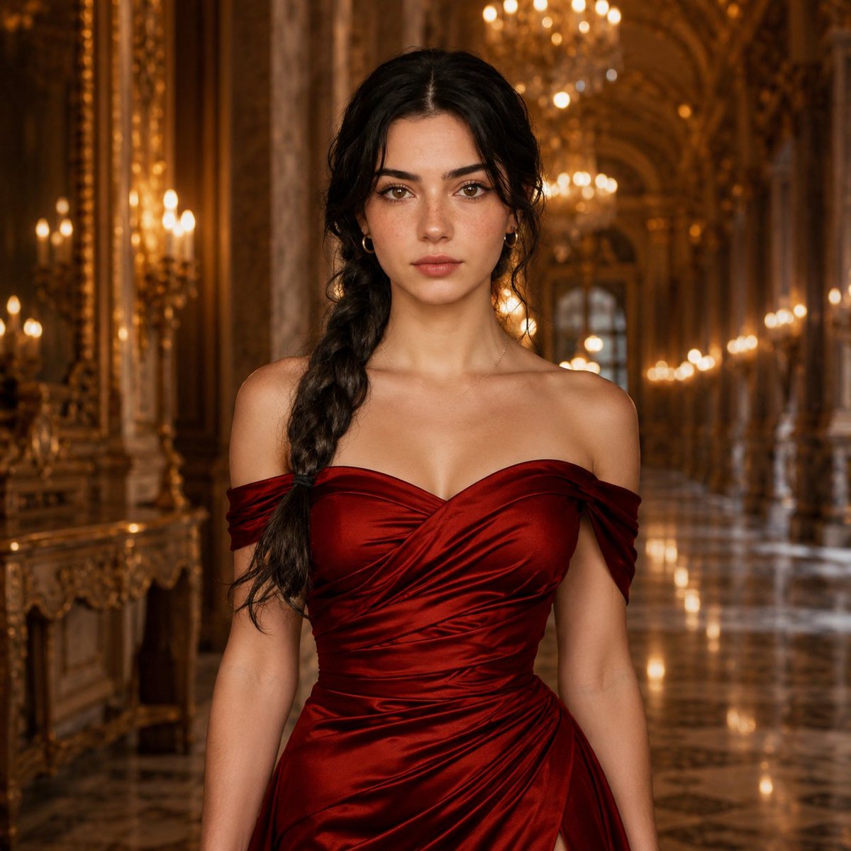 A woman in a red gown stands beneath golden chandeliers.