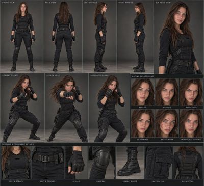 Cinematic Fighter Character Sheet Shows Realistic Combat Gear and Poses