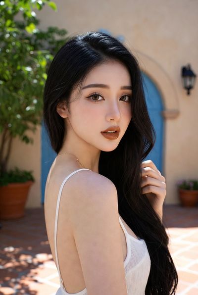 East Asian woman looks back in Mediterranean courtyard at golden hour