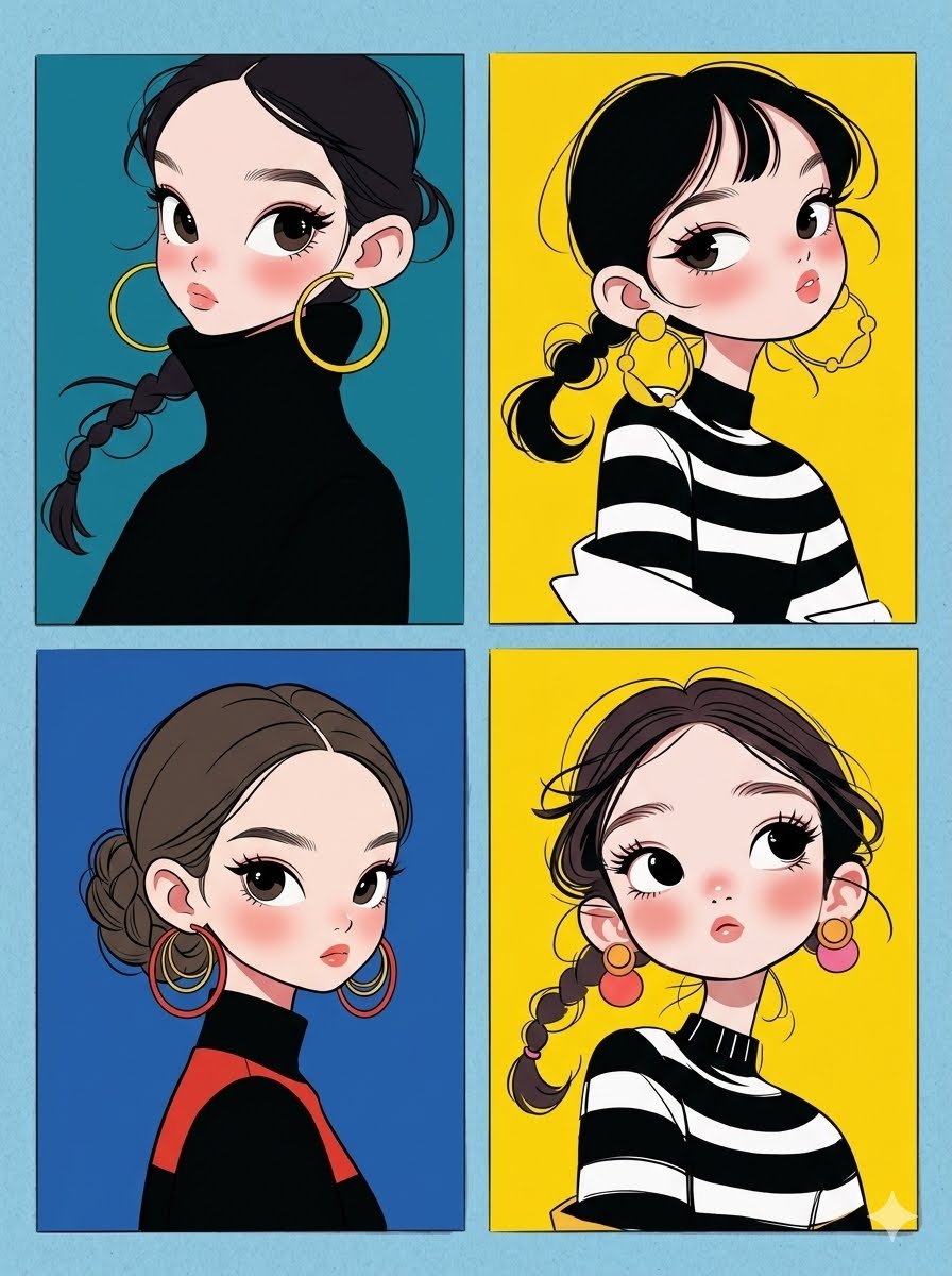 Four stylish chibi girls pose in vibrant minimalist collage panels