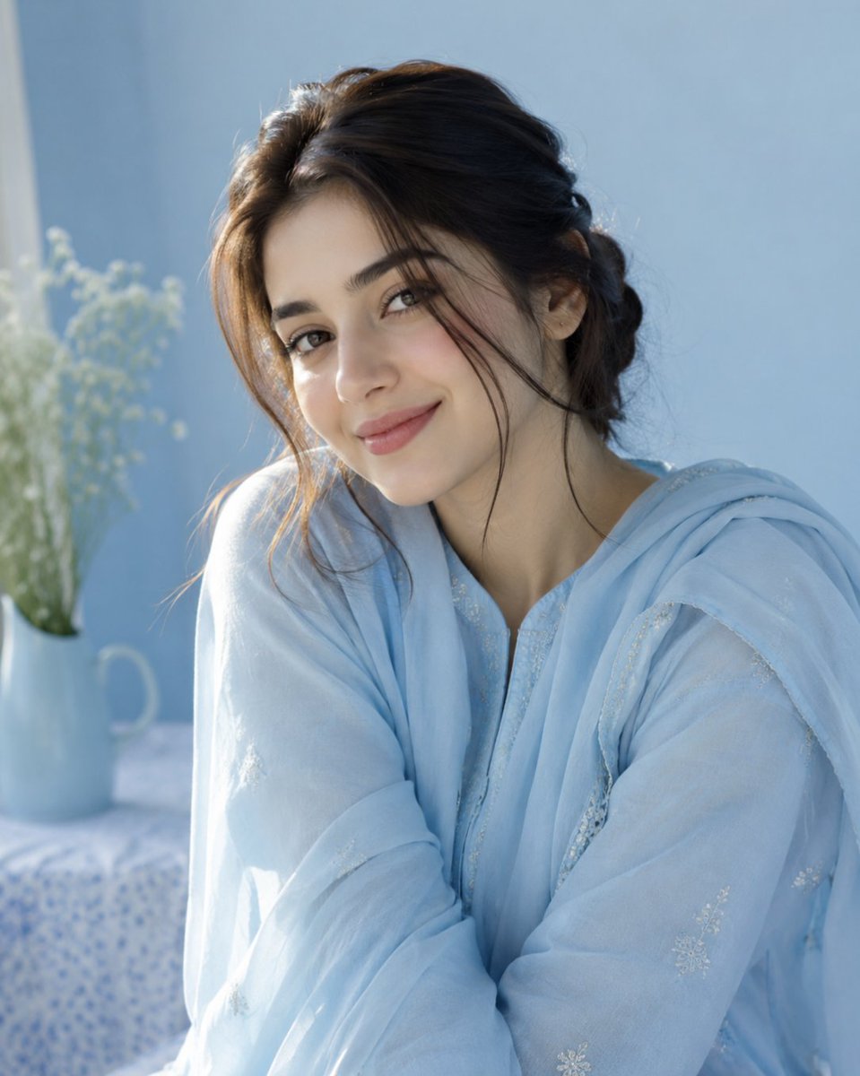 Warm smile in soft blue light with embroidered shalwar kameez