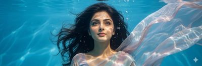 Indian woman in pastel saree floats gracefully under crystal water