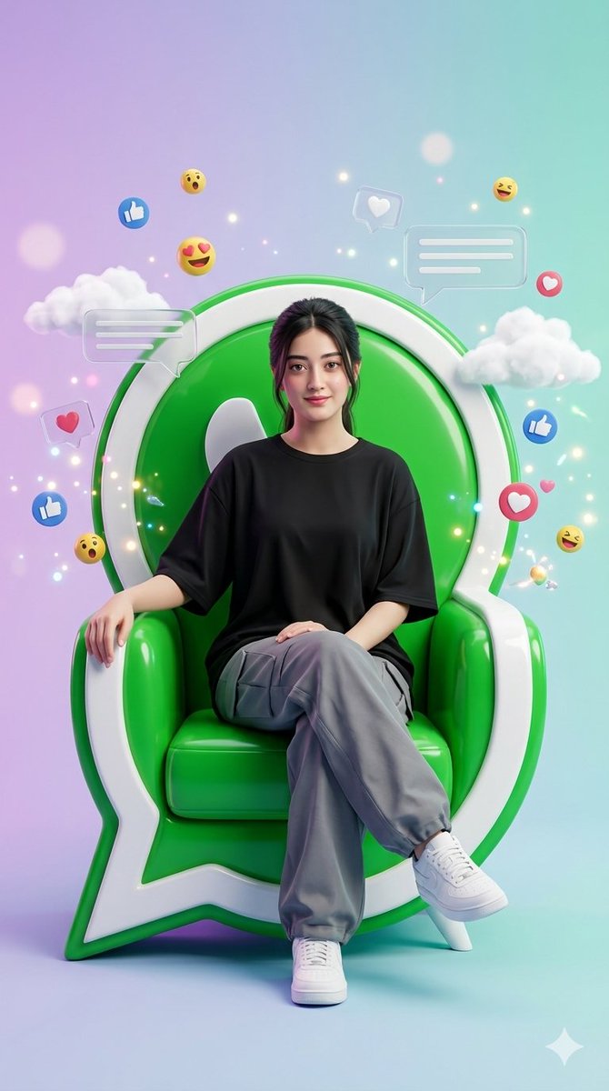 Young woman sits confidently on a giant WhatsApp logo throne