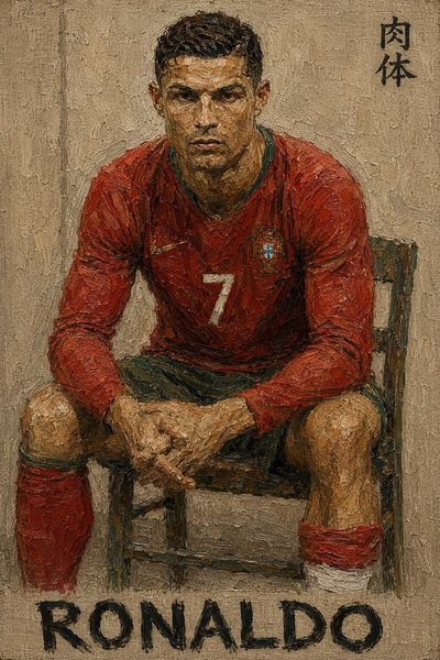 Cristiano Ronaldo sits in impasto oil paint on textured linen canvas