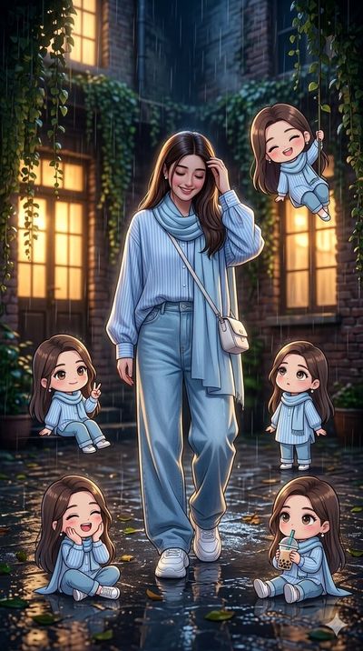 Shy girl and her chibi clones enjoy a rainy night in courtyard