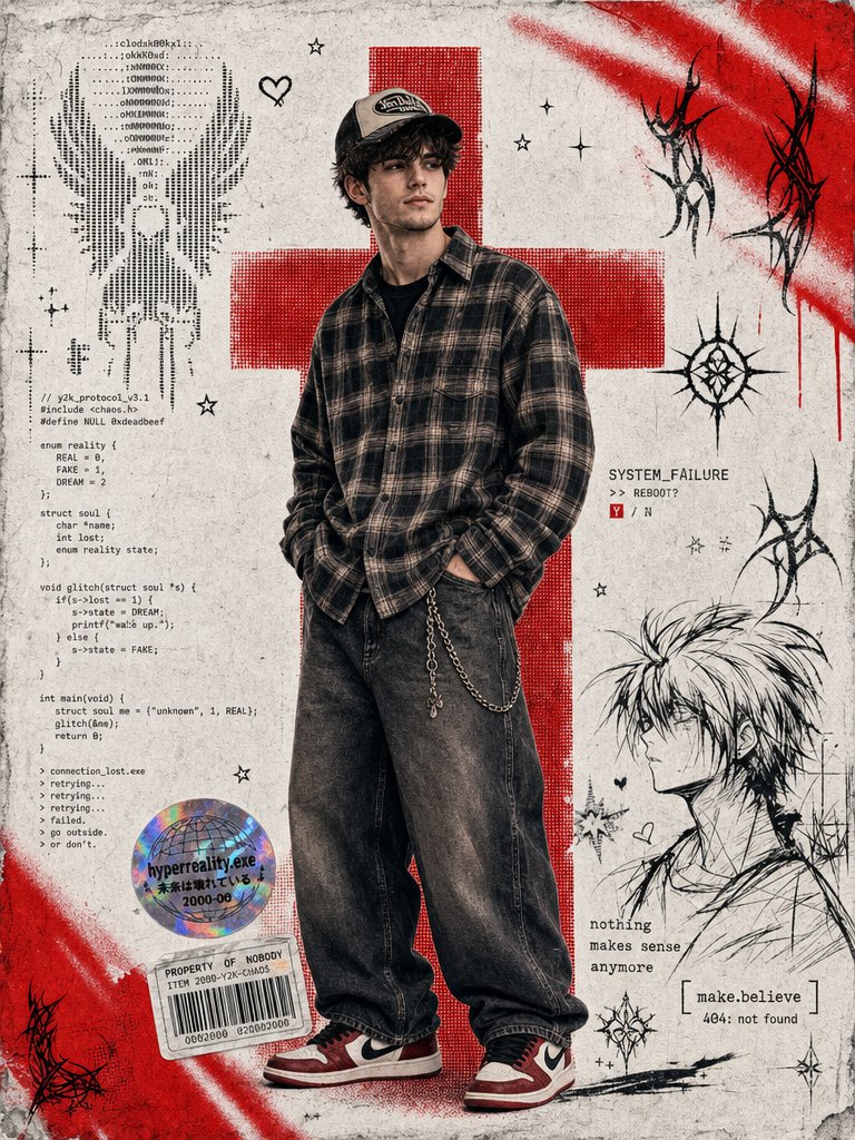A young man in plaid shirt stands before a red halftone cross.