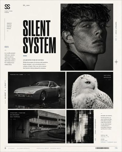 A high-contrast portrait anchors this avant-garde editorial grid