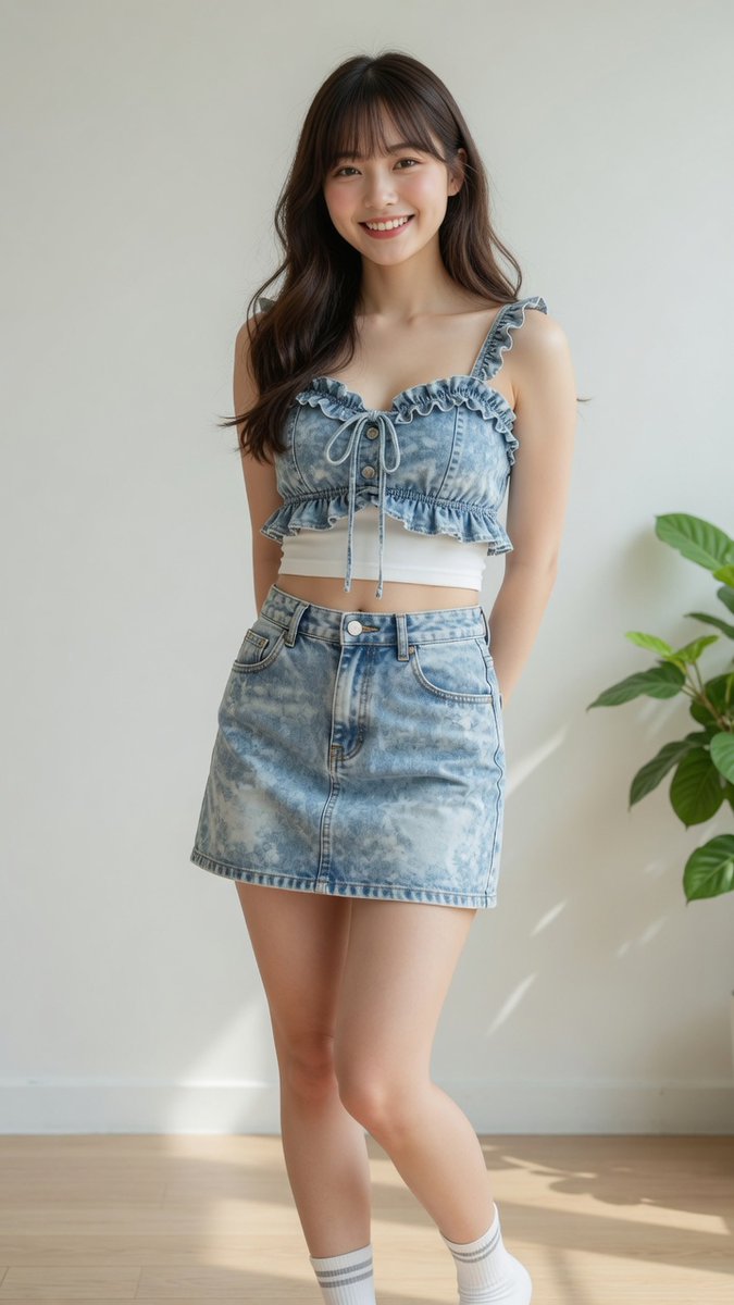 A young woman in denim outfit smiles warmly in sunlit room
