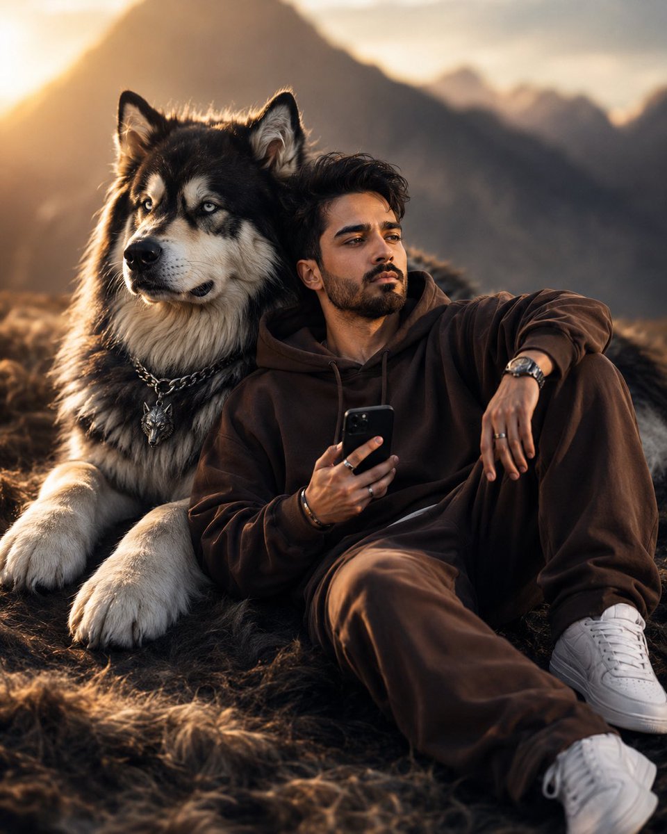 A man in a brown hoodie sits beside a massive wolf-like dog.