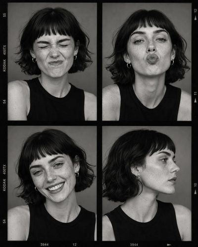 Four intimate portraits capture a model's diverse expressions in monochrome
