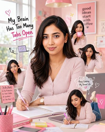 Smiling woman works in pink office surrounded by mini chibi clones
