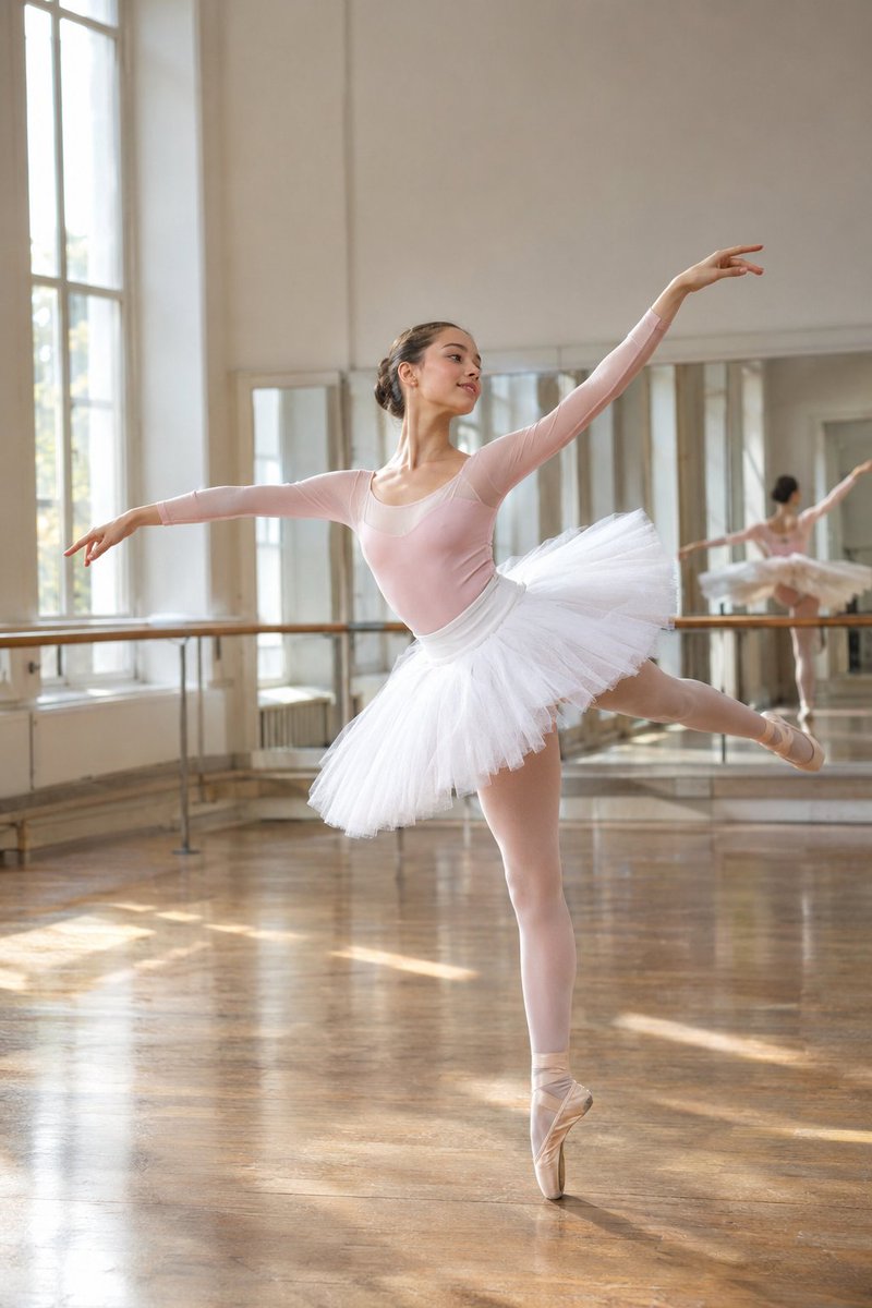 Ballerina in pink leotard dances arabesque in sunlit studio