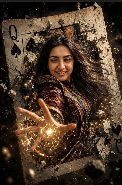 Queen Anisha shatters an ancient rune card with golden magic.