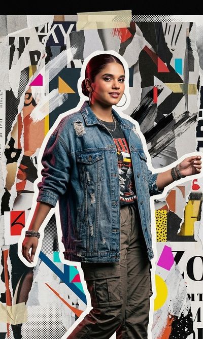 Layered urban textures frame a confident model in motion