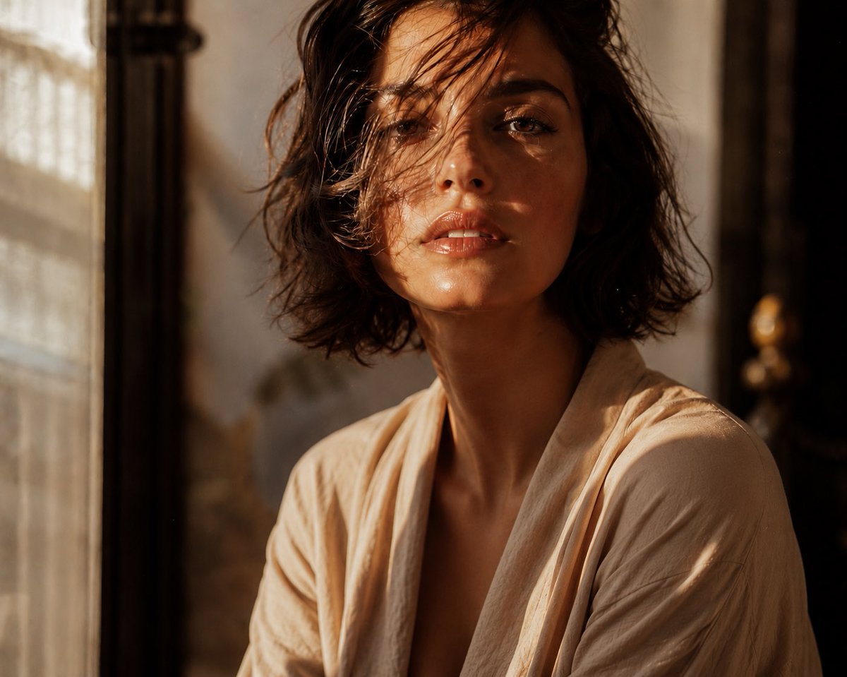 A woman with tousled bob gazes through golden window light