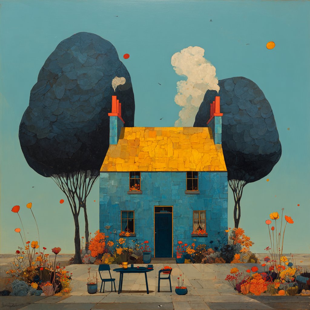 A blue house with yellow roof and red chimneys glows under a flat sky.