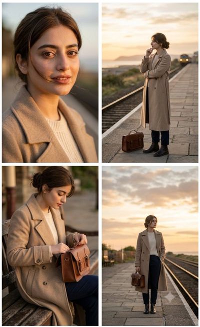 Auburn-haired woman waits on sunlit railway platform at dusk
