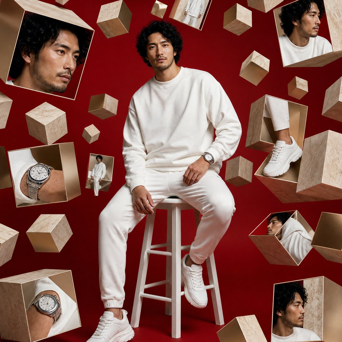 A Young Japanese Male Model Amidst Floating Geometric Cubes