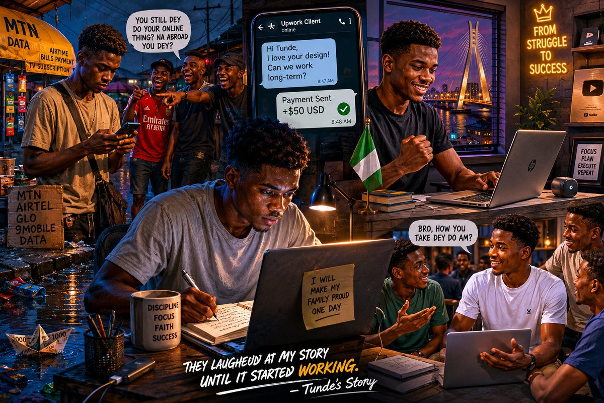 A young Nigerian man studies digital skills late at night in Port Harcourt