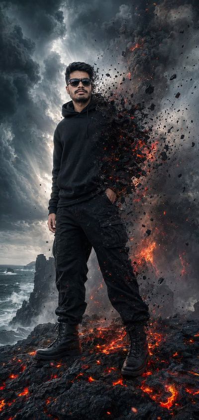 Man stands unbroken as volcanic storm rages behind him