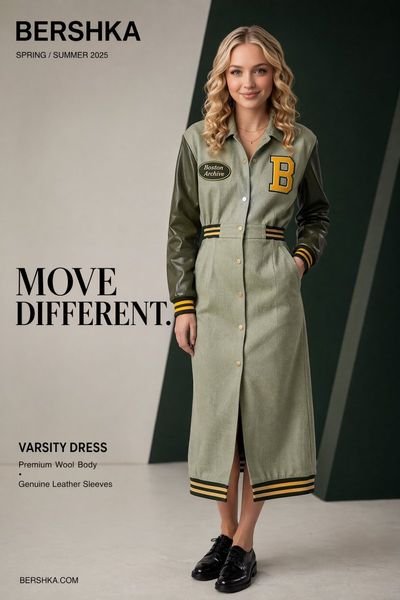 A confident woman wears a green varsity dress in a studio