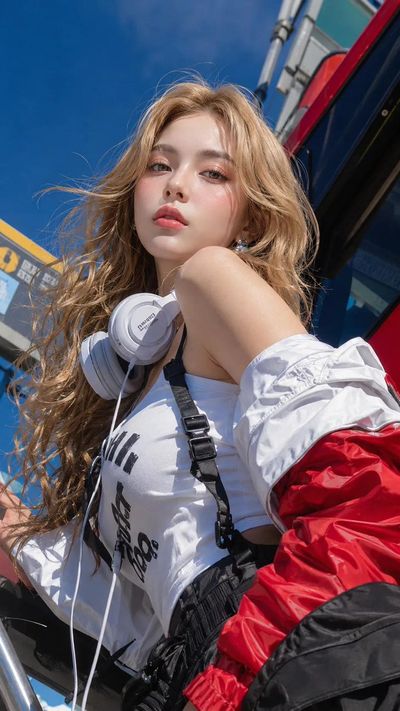 Young woman in white top and red jacket poses confidently