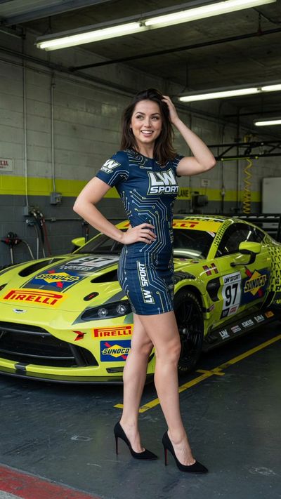 Ana De Armas poses beside a lime Aston Martin in a navy dress