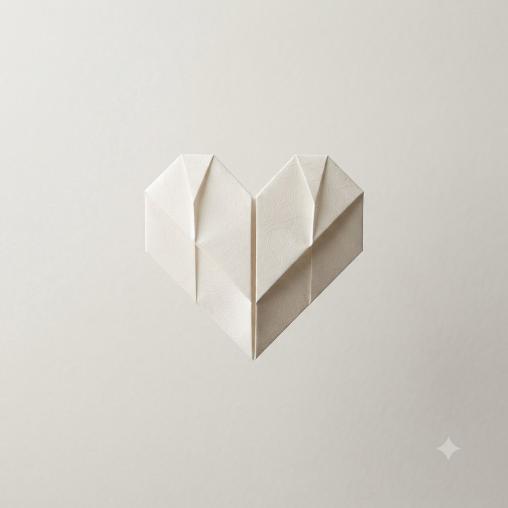 A pristine origami heart floats against a clean neutral backdrop